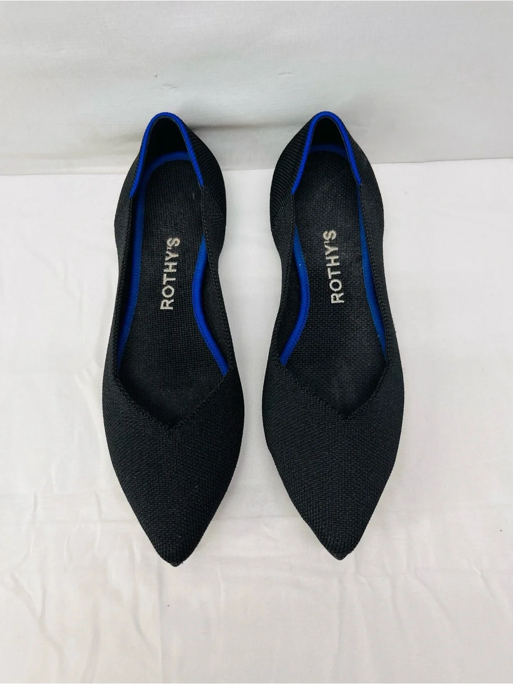 Rothy's Black Pointed Knit Flats with Blue Trim